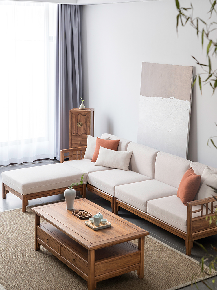 新中式实木沙发全实木老榆木简约布艺木质沙发小户型客厅家具组合